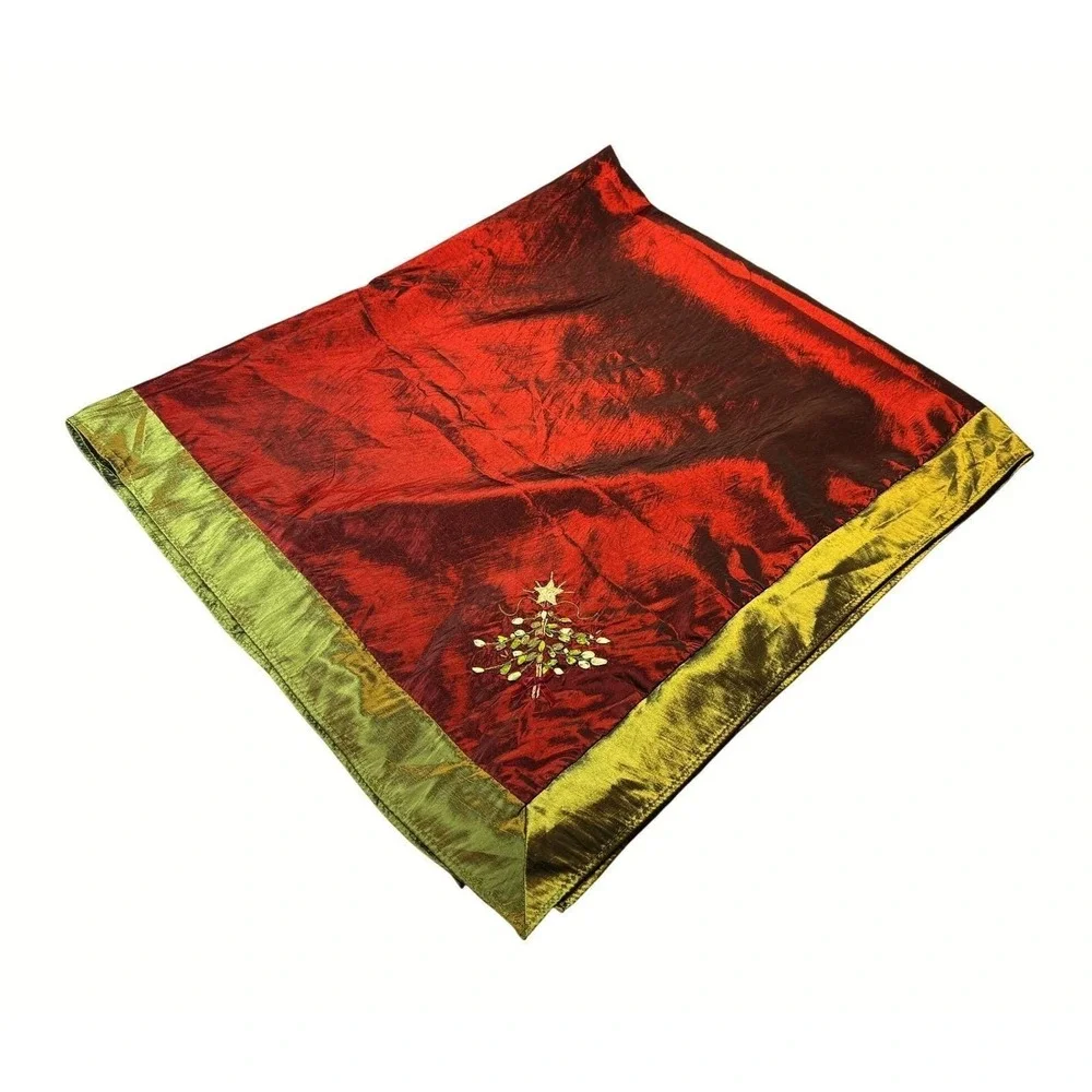 Holiday Christmas Tree Embroidered Table Cloth Shimmery‎ Silky Red Green Trim